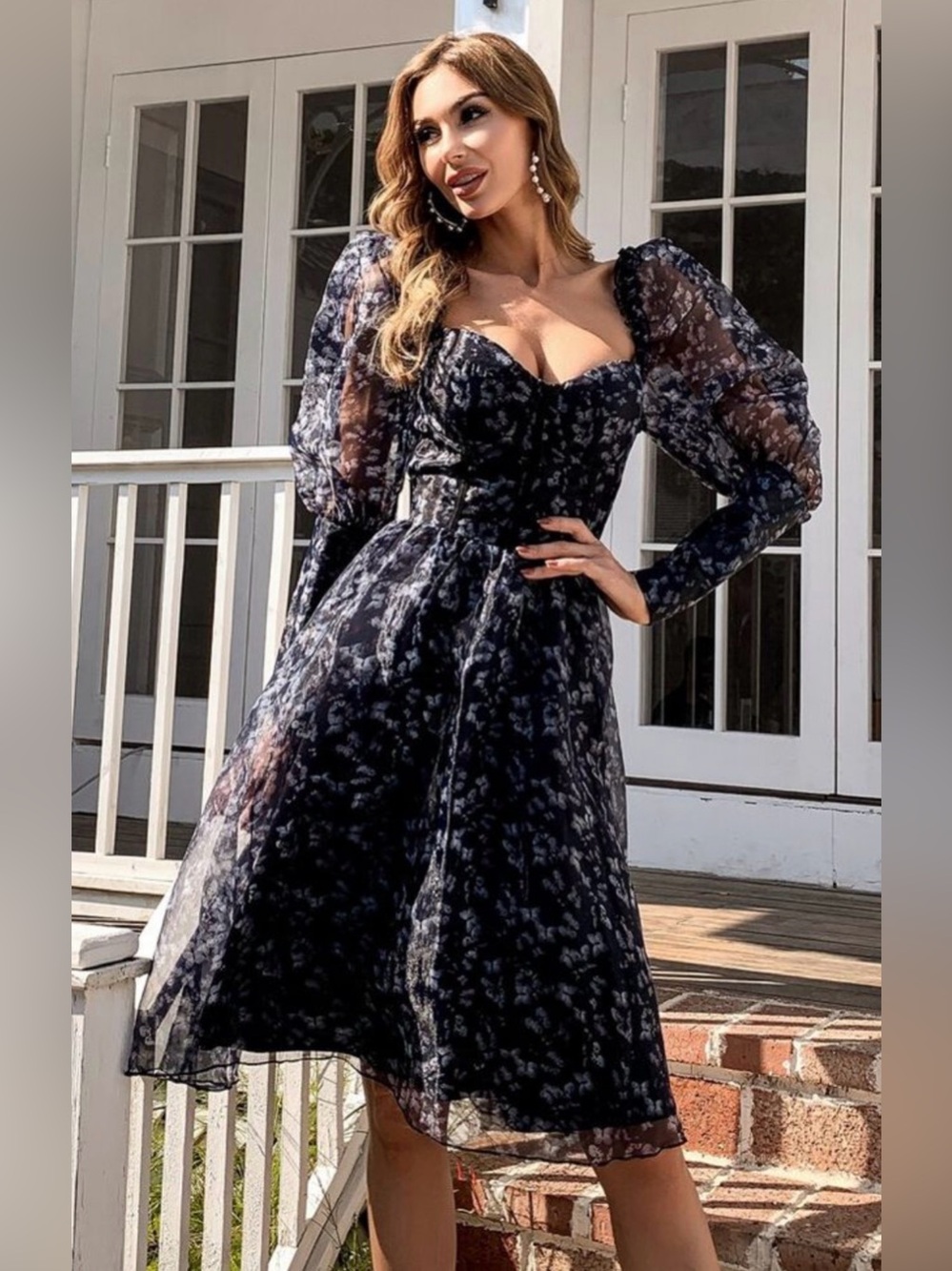 Sheer Puff-lantern Sleeve butterfly print Midi Dress by Missord